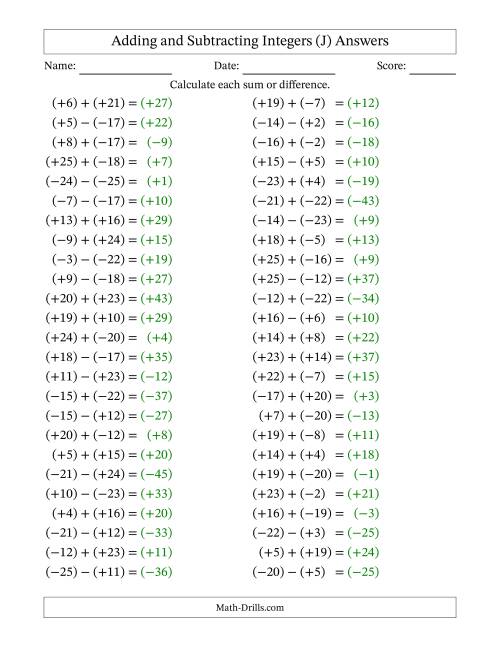The Adding and Subtracting Mixed Integers from -25 to 25 (50 Questions; All Parentheses) (J) Math Worksheet Page 2