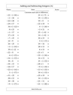 Adding and Subtracting Mixed Integers from -25 to 25 (50 Questions)