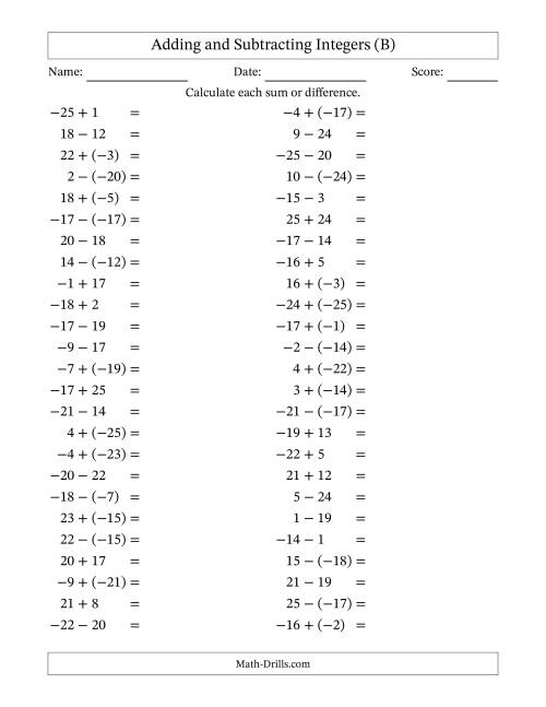 The Adding and Subtracting Mixed Integers from -25 to 25 (50 Questions) (B) Math Worksheet