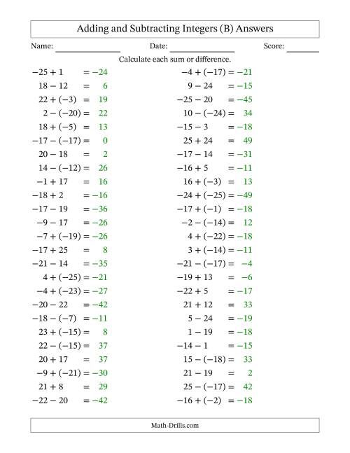 The Adding and Subtracting Mixed Integers from -25 to 25 (50 Questions) (B) Math Worksheet Page 2