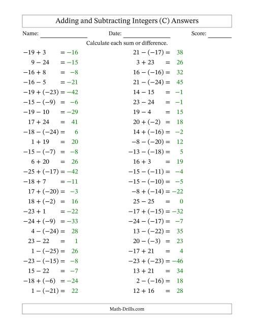 The Adding and Subtracting Mixed Integers from -25 to 25 (50 Questions) (C) Math Worksheet Page 2