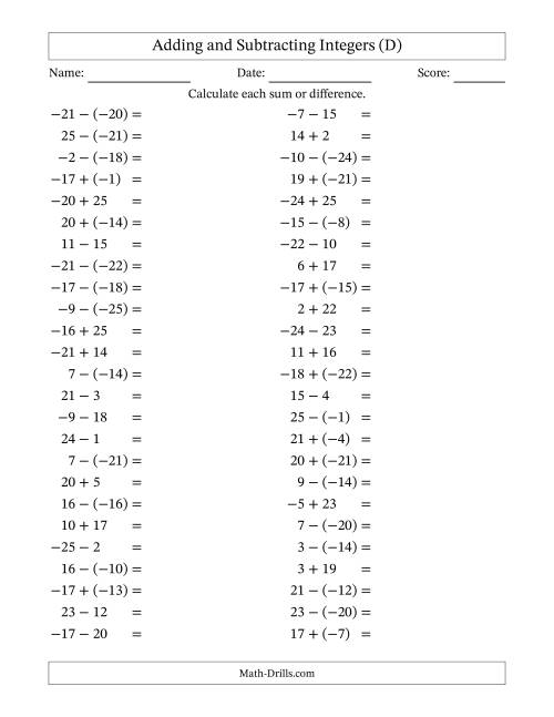 The Adding and Subtracting Mixed Integers from -25 to 25 (50 Questions) (D) Math Worksheet