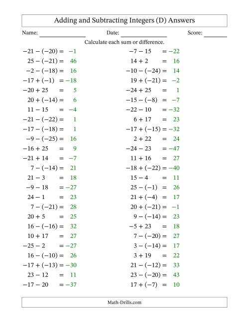 The Adding and Subtracting Mixed Integers from -25 to 25 (50 Questions) (D) Math Worksheet Page 2
