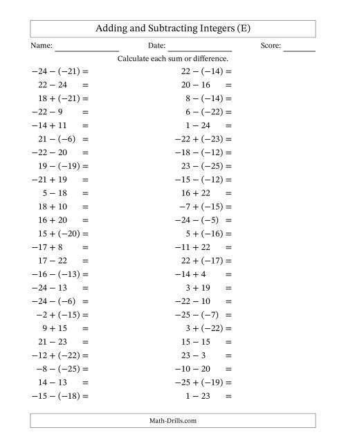The Adding and Subtracting Mixed Integers from -25 to 25 (50 Questions) (E) Math Worksheet