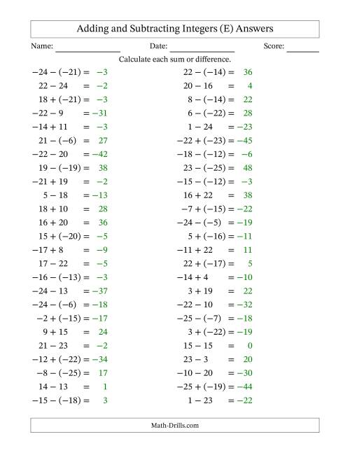 The Adding and Subtracting Mixed Integers from -25 to 25 (50 Questions) (E) Math Worksheet Page 2