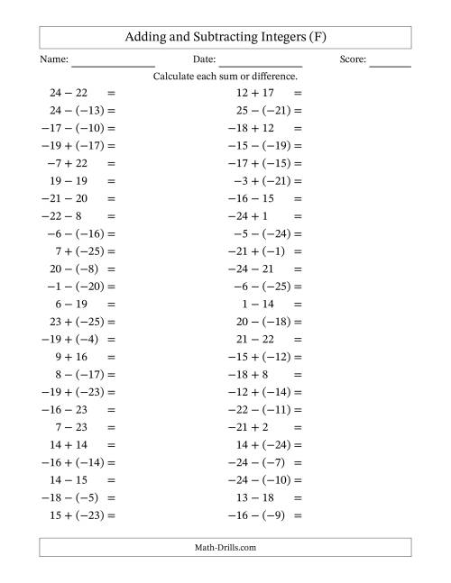 The Adding and Subtracting Mixed Integers from -25 to 25 (50 Questions) (F) Math Worksheet