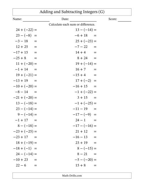 The Adding and Subtracting Mixed Integers from -25 to 25 (50 Questions) (G) Math Worksheet