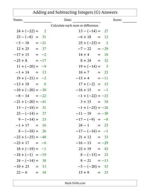 The Adding and Subtracting Mixed Integers from -25 to 25 (50 Questions) (G) Math Worksheet Page 2