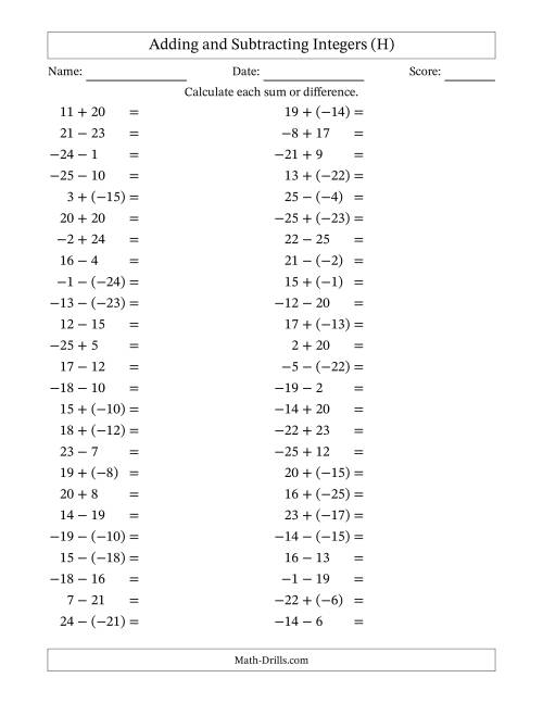 The Adding and Subtracting Mixed Integers from -25 to 25 (50 Questions) (H) Math Worksheet