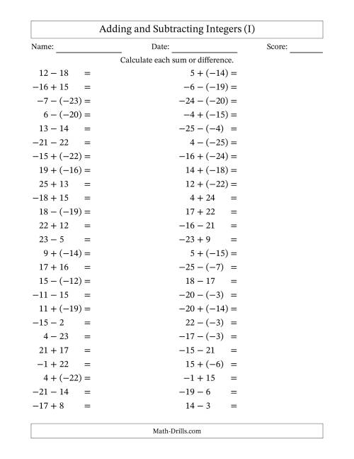 The Adding and Subtracting Mixed Integers from -25 to 25 (50 Questions) (I) Math Worksheet