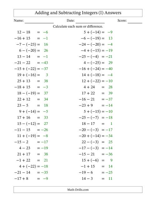 The Adding and Subtracting Mixed Integers from -25 to 25 (50 Questions) (I) Math Worksheet Page 2