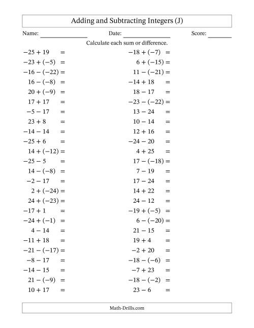 The Adding and Subtracting Mixed Integers from -25 to 25 (50 Questions) (J) Math Worksheet