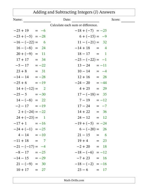 The Adding and Subtracting Mixed Integers from -25 to 25 (50 Questions) (J) Math Worksheet Page 2