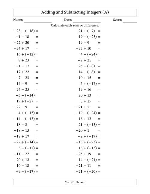 The Adding and Subtracting Mixed Integers from -25 to 25 (50 Questions) (All) Math Worksheet