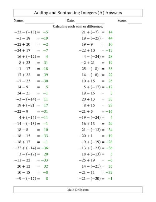 The Adding and Subtracting Mixed Integers from -25 to 25 (50 Questions) (All) Math Worksheet Page 2
