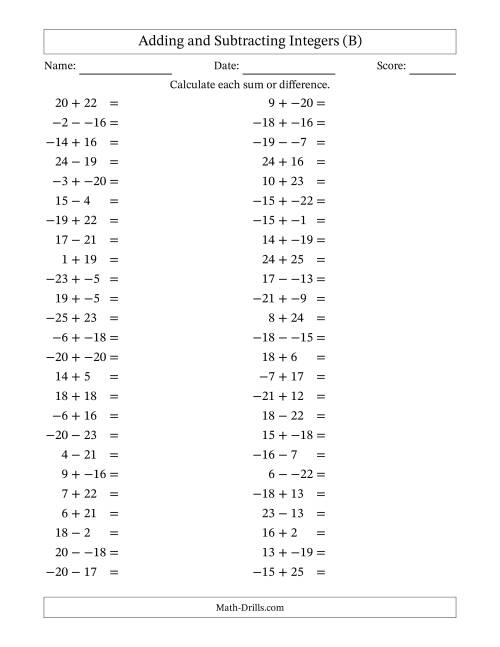 The Adding and Subtracting Mixed Integers from -25 to 25 (50 Questions; No Parentheses) (B) Math Worksheet