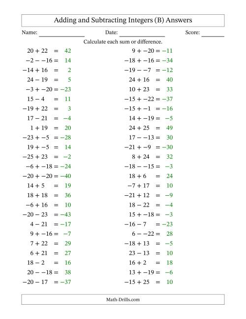 The Adding and Subtracting Mixed Integers from -25 to 25 (50 Questions; No Parentheses) (B) Math Worksheet Page 2