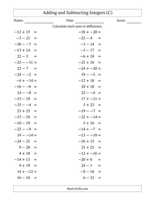 The Adding and Subtracting Mixed Integers from -25 to 25 (50 Questions; No Parentheses) (C) Math Worksheet