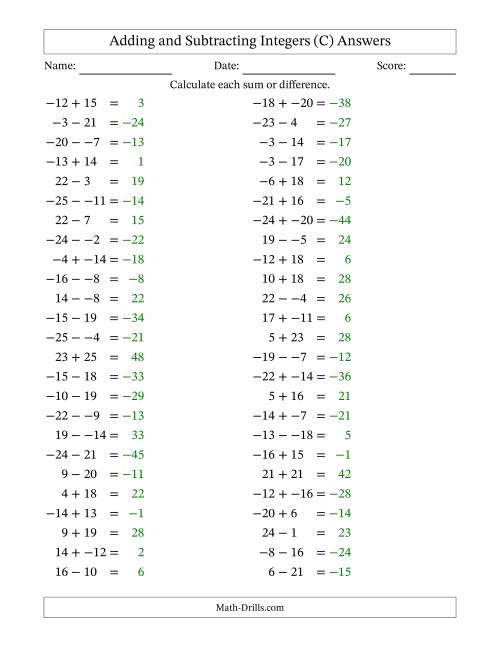 The Adding and Subtracting Mixed Integers from -25 to 25 (50 Questions; No Parentheses) (C) Math Worksheet Page 2