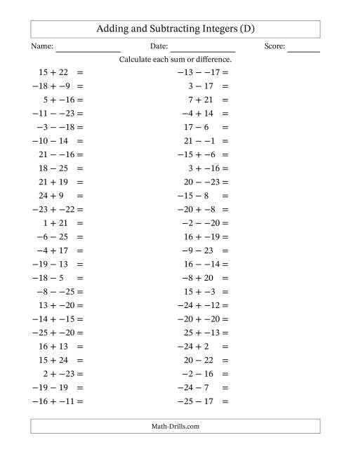 The Adding and Subtracting Mixed Integers from -25 to 25 (50 Questions; No Parentheses) (D) Math Worksheet