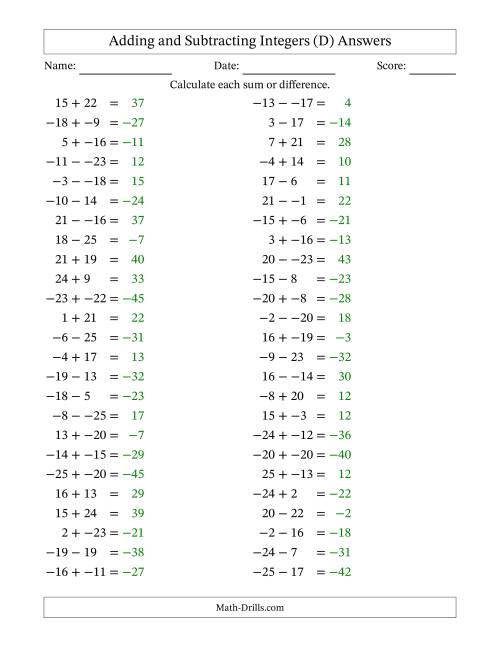 The Adding and Subtracting Mixed Integers from -25 to 25 (50 Questions; No Parentheses) (D) Math Worksheet Page 2