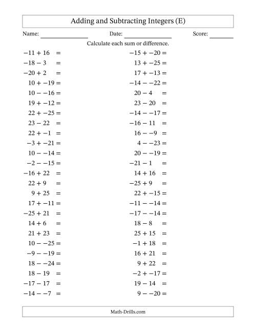 The Adding and Subtracting Mixed Integers from -25 to 25 (50 Questions; No Parentheses) (E) Math Worksheet