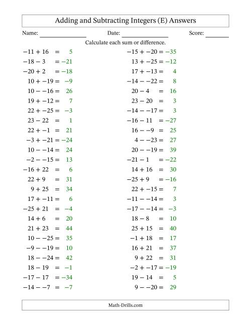 The Adding and Subtracting Mixed Integers from -25 to 25 (50 Questions; No Parentheses) (E) Math Worksheet Page 2