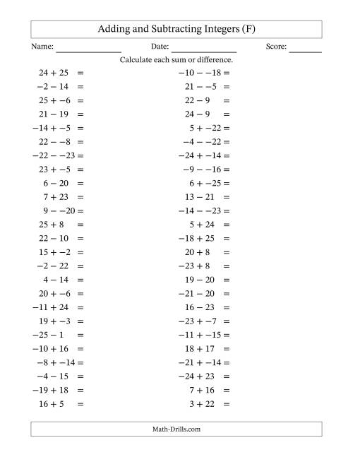 The Adding and Subtracting Mixed Integers from -25 to 25 (50 Questions; No Parentheses) (F) Math Worksheet