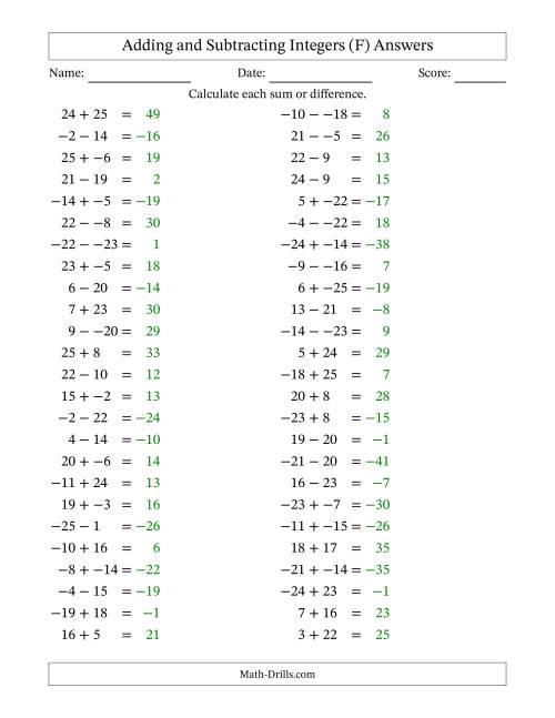 The Adding and Subtracting Mixed Integers from -25 to 25 (50 Questions; No Parentheses) (F) Math Worksheet Page 2