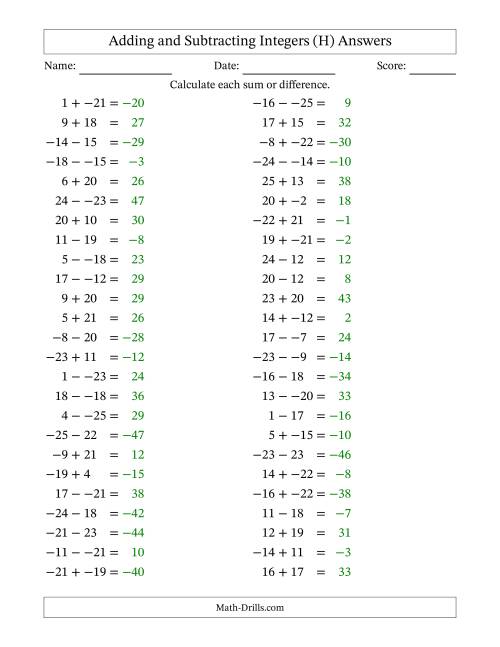 The Adding and Subtracting Mixed Integers from -25 to 25 (50 Questions; No Parentheses) (H) Math Worksheet Page 2