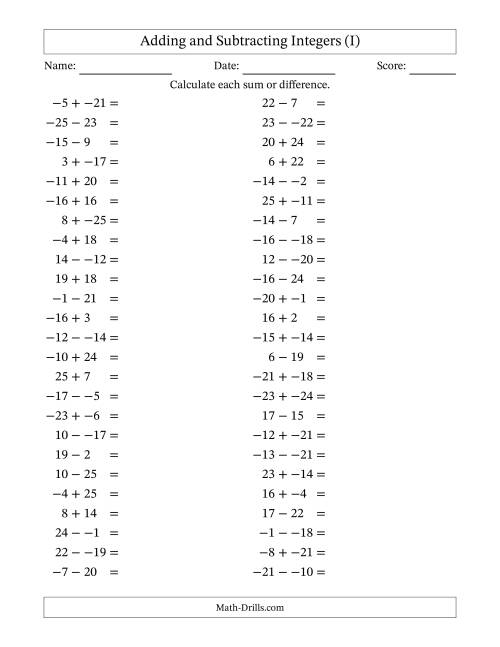 The Adding and Subtracting Mixed Integers from -25 to 25 (50 Questions; No Parentheses) (I) Math Worksheet