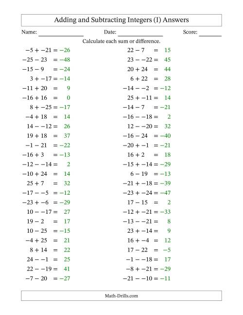 The Adding and Subtracting Mixed Integers from -25 to 25 (50 Questions; No Parentheses) (I) Math Worksheet Page 2