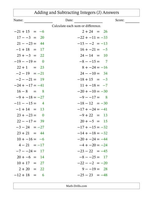 The Adding and Subtracting Mixed Integers from -25 to 25 (50 Questions; No Parentheses) (J) Math Worksheet Page 2