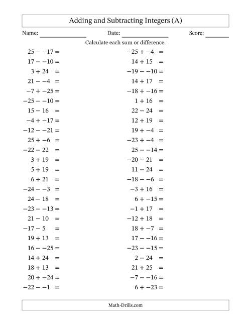 The Adding and Subtracting Mixed Integers from -25 to 25 (50 Questions; No Parentheses) (All) Math Worksheet
