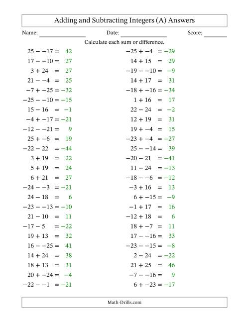 The Adding and Subtracting Mixed Integers from -25 to 25 (50 Questions; No Parentheses) (All) Math Worksheet Page 2
