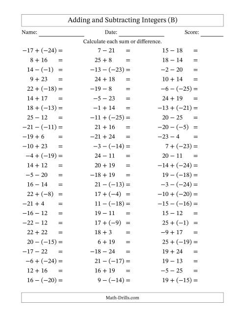 The Adding and Subtracting Mixed Integers from -25 to 25 (75 Questions) (B) Math Worksheet