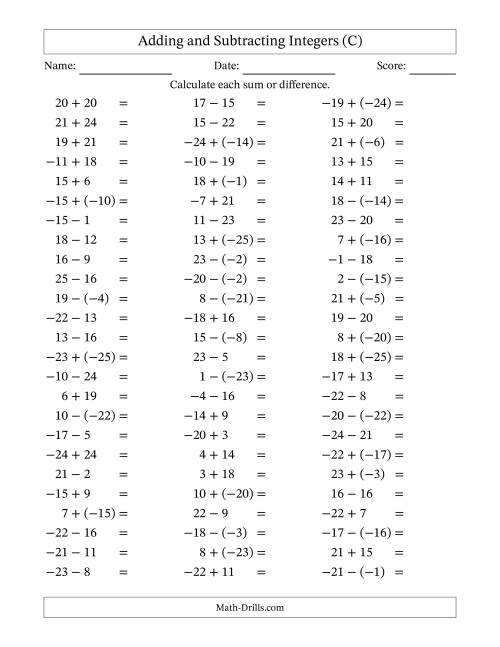 The Adding and Subtracting Mixed Integers from -25 to 25 (75 Questions) (C) Math Worksheet