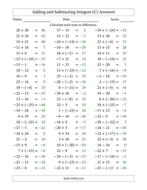 The Adding and Subtracting Mixed Integers from -25 to 25 (75 Questions) (C) Math Worksheet Page 2