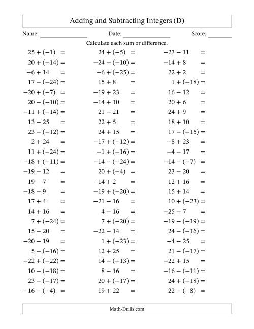 The Adding and Subtracting Mixed Integers from -25 to 25 (75 Questions) (D) Math Worksheet