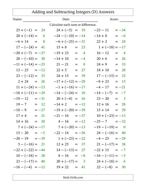The Adding and Subtracting Mixed Integers from -25 to 25 (75 Questions) (D) Math Worksheet Page 2