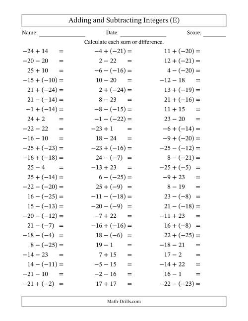 The Adding and Subtracting Mixed Integers from -25 to 25 (75 Questions) (E) Math Worksheet