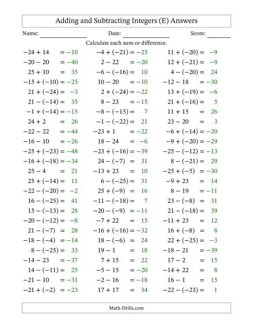 The Adding and Subtracting Mixed Integers from -25 to 25 (75 Questions) (E) Math Worksheet Page 2