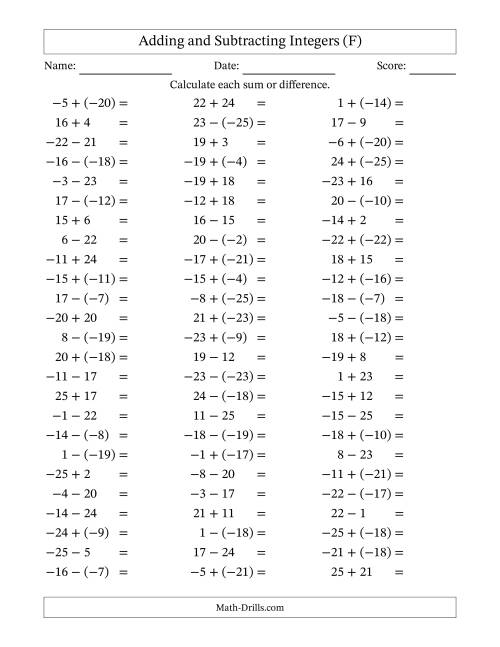 The Adding and Subtracting Mixed Integers from -25 to 25 (75 Questions) (F) Math Worksheet