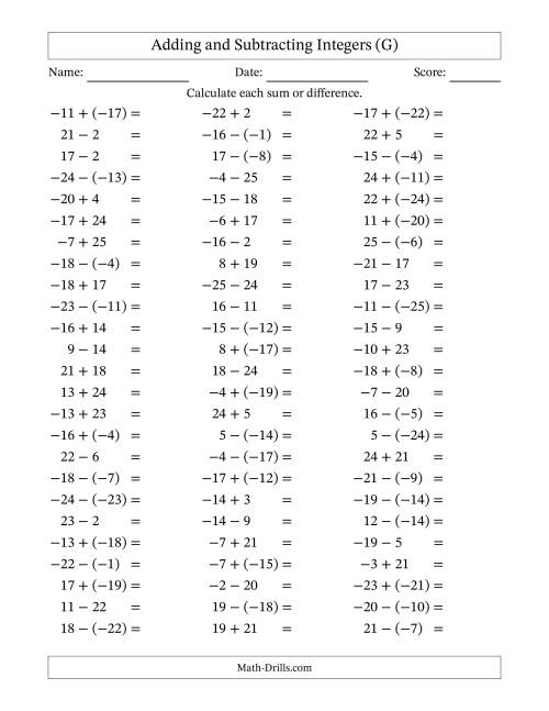 The Adding and Subtracting Mixed Integers from -25 to 25 (75 Questions) (G) Math Worksheet