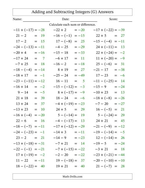 The Adding and Subtracting Mixed Integers from -25 to 25 (75 Questions) (G) Math Worksheet Page 2