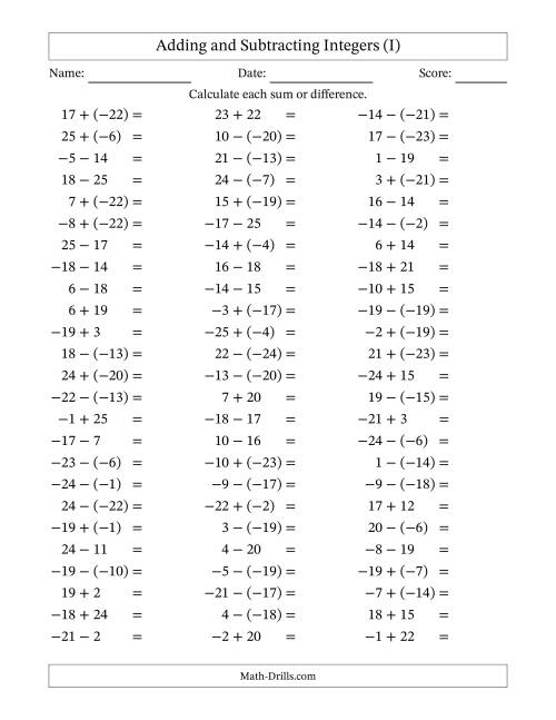 The Adding and Subtracting Mixed Integers from -25 to 25 (75 Questions) (I) Math Worksheet