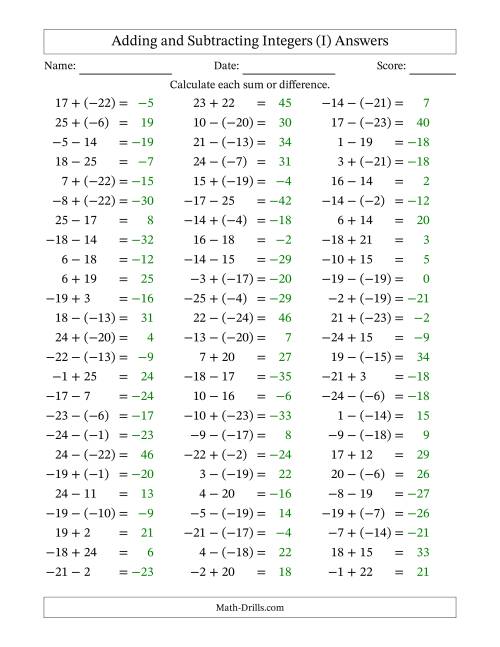 The Adding and Subtracting Mixed Integers from -25 to 25 (75 Questions) (I) Math Worksheet Page 2