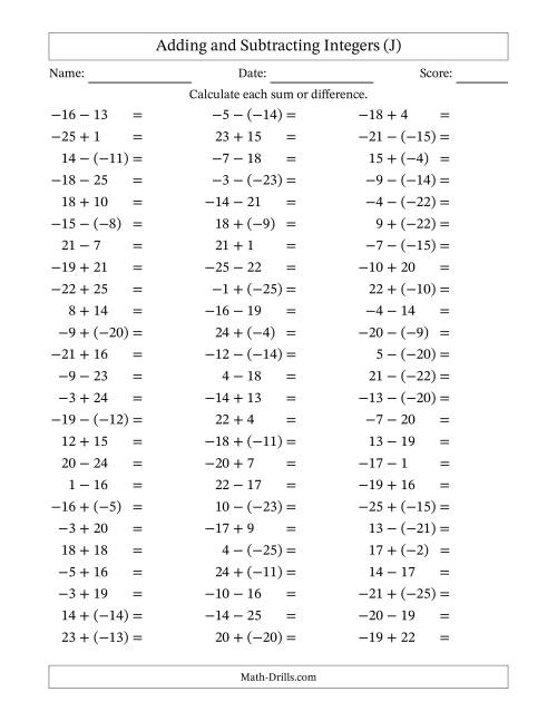 The Adding and Subtracting Mixed Integers from -25 to 25 (75 Questions) (J) Math Worksheet