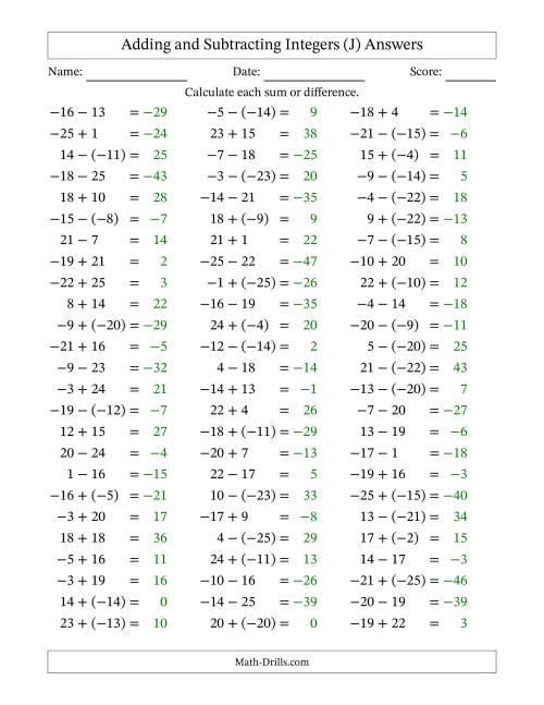 The Adding and Subtracting Mixed Integers from -25 to 25 (75 Questions) (J) Math Worksheet Page 2