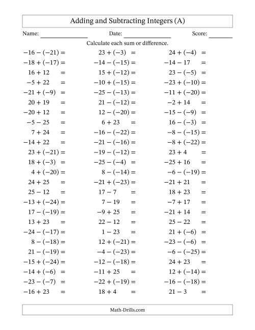 The Adding and Subtracting Mixed Integers from -25 to 25 (75 Questions) (All) Math Worksheet